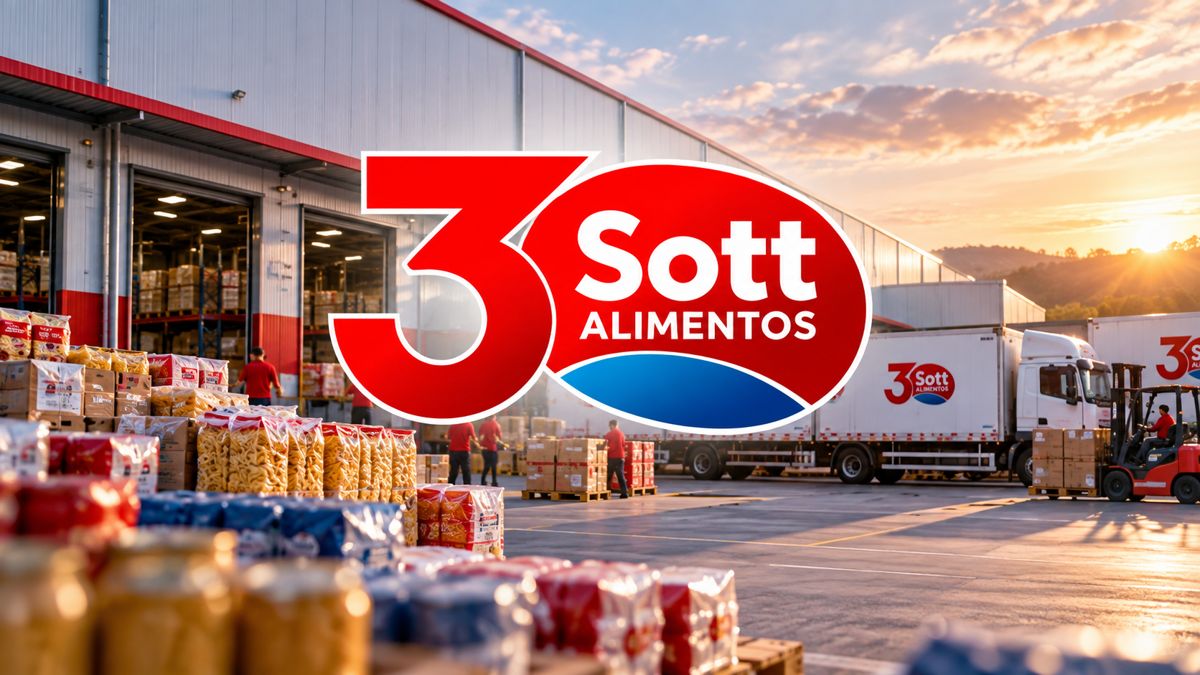 Centro de distribuição da Sott Alimentos com caminhões e produtos paletizados